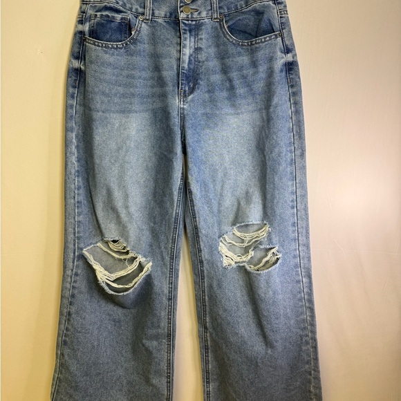 Women's super wide leg Distressed Blue Jeans - Picture 2 of 9